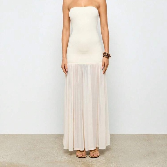 Strapless Bandeau Pleated Maxi Evening Dress Mesh Overlay Bottom - Picture 1 of 8